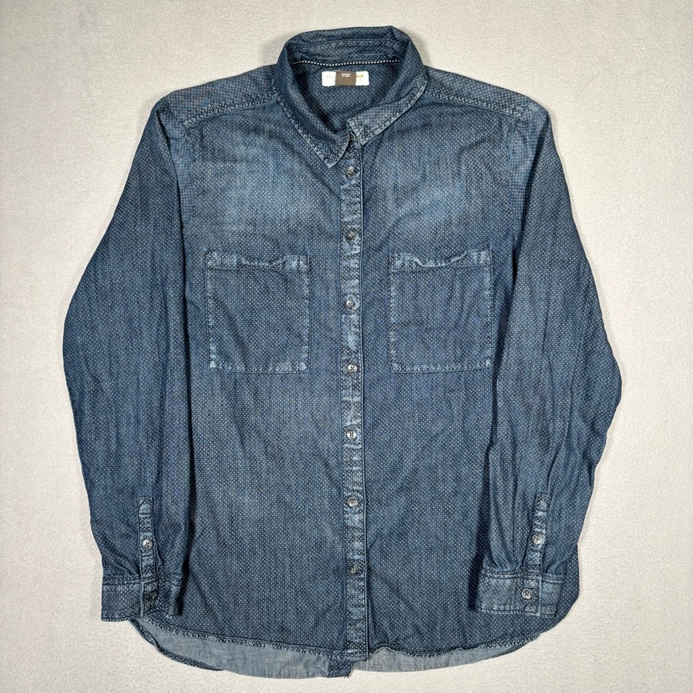 Anthropologie Pilcro Long Sleeve Geometric Denim Shirt Womens Medium Blue Split